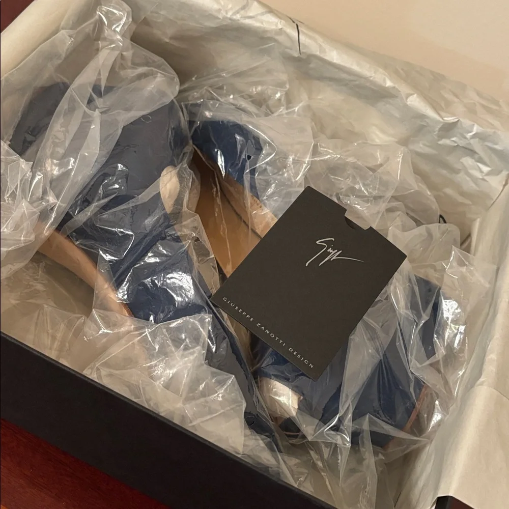 Giuseppe Zanotti Suede Leather Blue Stiletto Liza 90 Open Toe Platform Pump 7.5